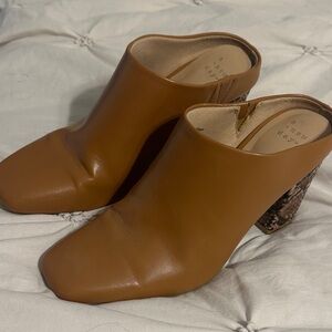 a new day Tan Mules with Snakeskin Block Heel